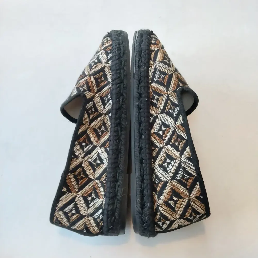 Kanna Sz 7 Woven Espadrille Loafer Black Diamond Pattern Slip On Flat Brown Tan